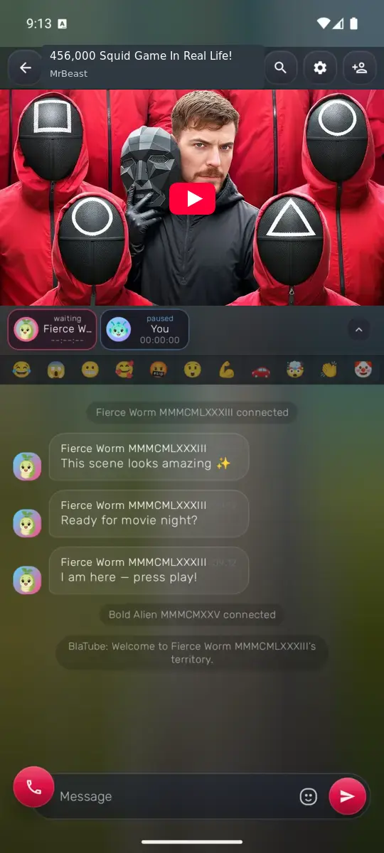 The same MrBeast room and three messages on a second Android phone