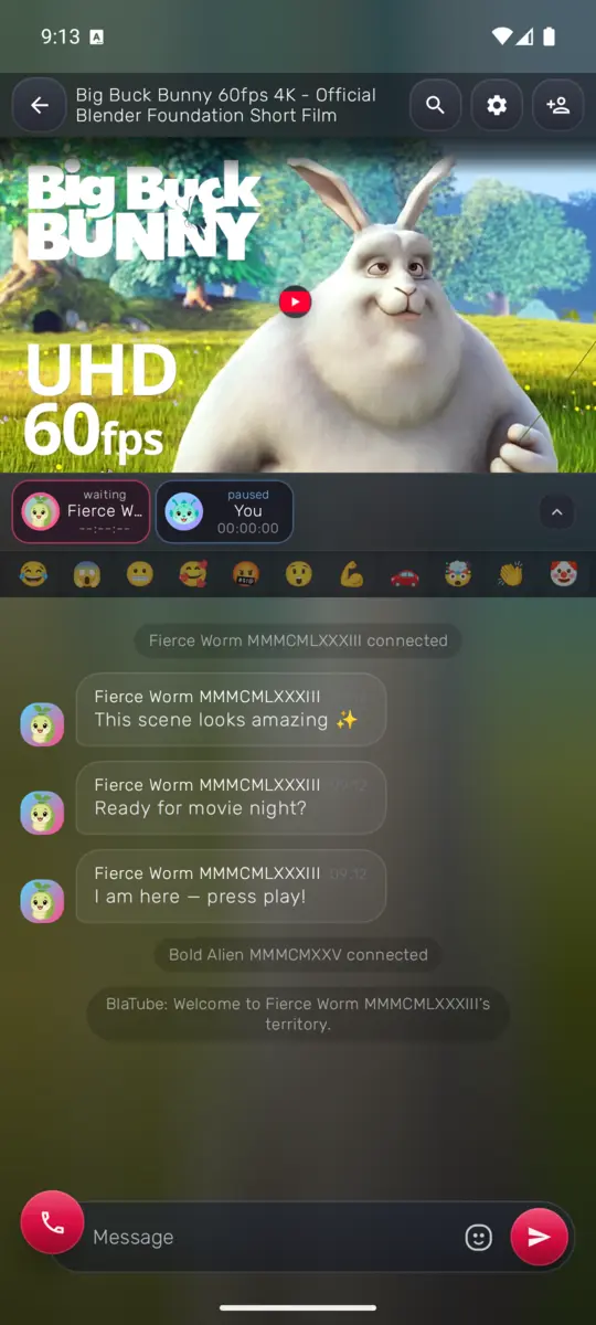 A synchronized Big Buck Bunny YouTube room with three messages in BlaTube for Android