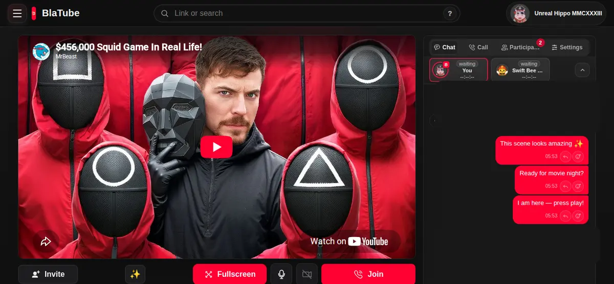 A BlaTube room showing MrBeast and the same three chat messages on a laptop