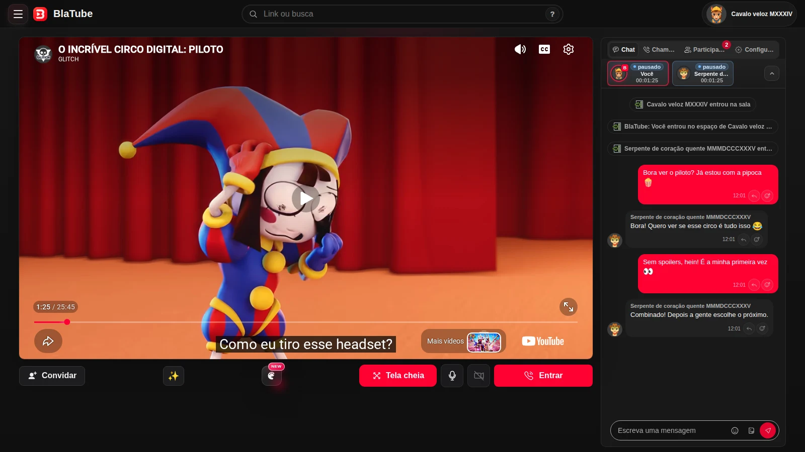 Sala real do BlaTube em português: O Incrível Circo Digital no YouTube, dois participantes e mensagens no chat