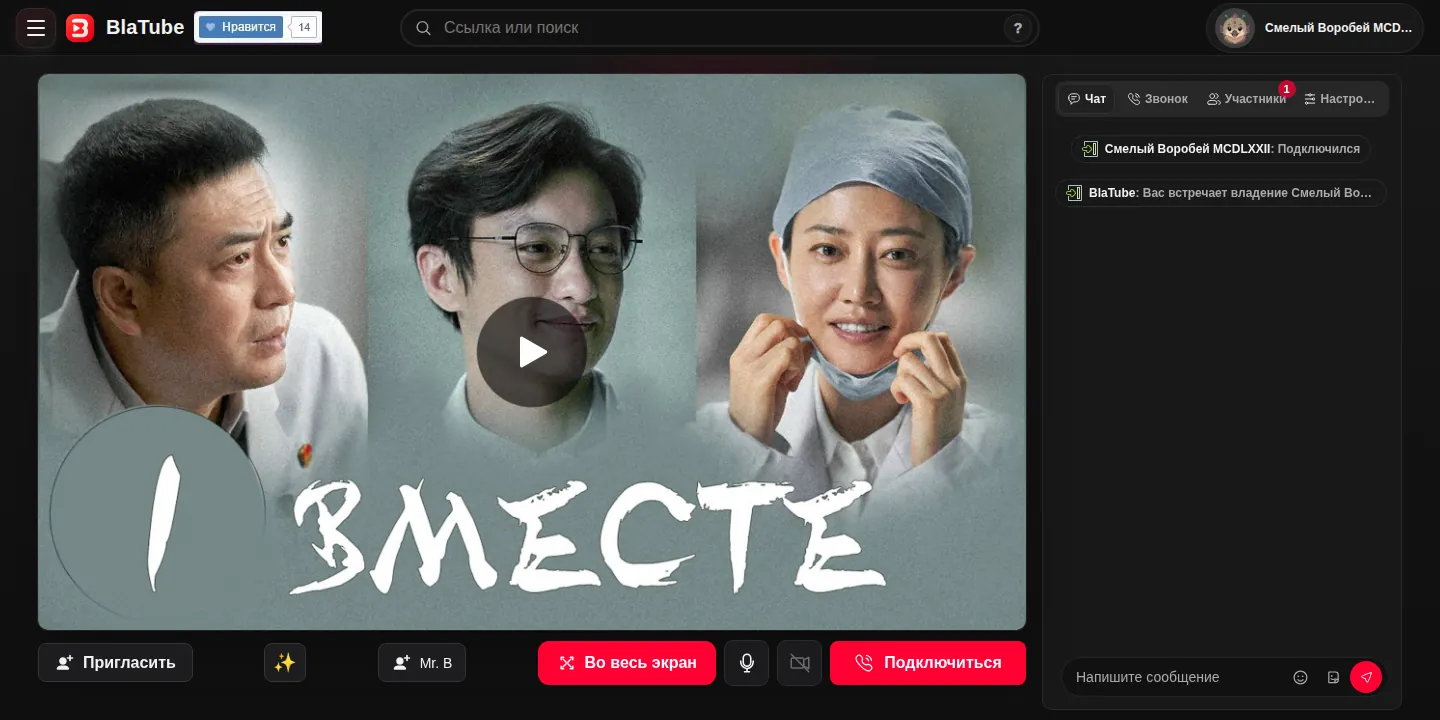 Интерфейс комнаты BlaTube с дорамой «Вместе», общим плеером, участником и чатом