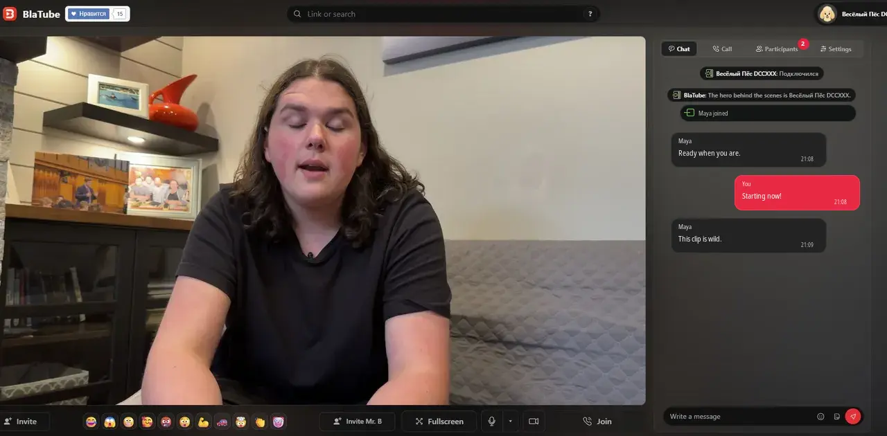 BlaTube room with a full-size Dailymotion player, participants and chat