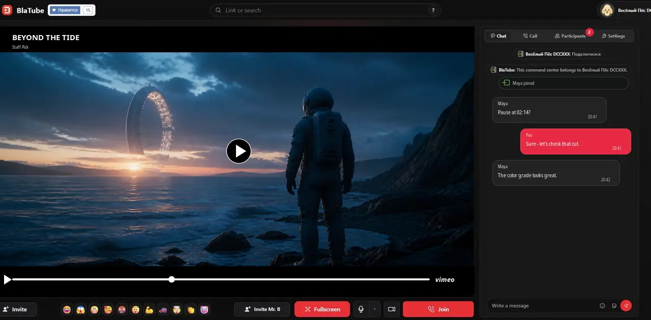 BlaTube room with a full-size Vimeo player, participants and chat