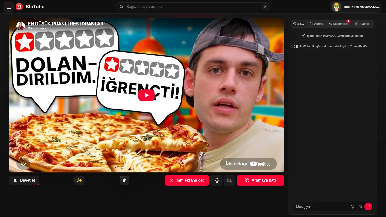 Orkun Işıtmak videosunu ve Türkçe sohbet alanını gösteren gerçek BlaTube odası