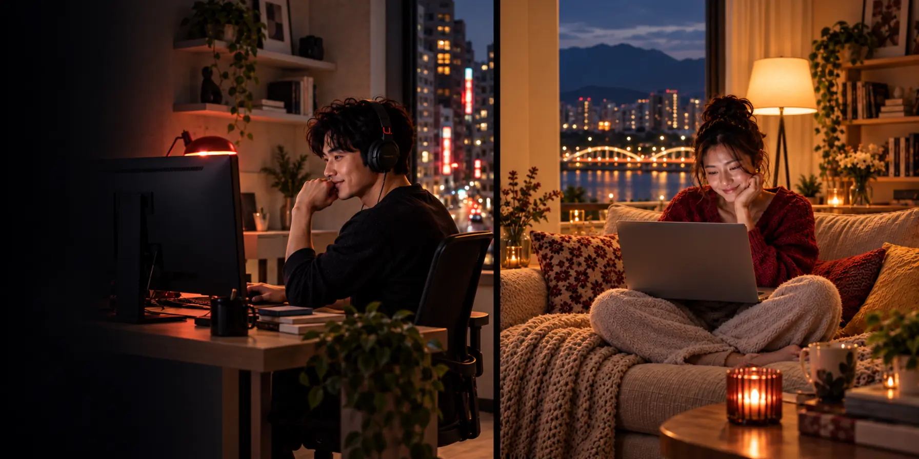 台灣朋友在不同住處使用電腦線上一起看電影